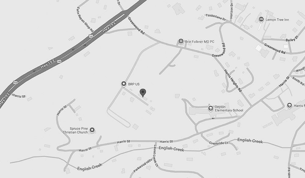 Map showing the location of the BRP plant at 1211 Greenwood Road, Spruce Pine, North Carolina 28777